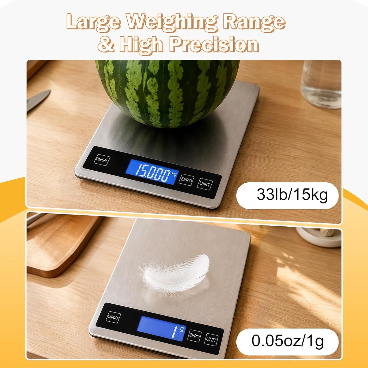 33lb Food Scale, Digital Kitchen Scale Batteries and USB Charging,1g/0.05oz Precise Graduation, Waterproof Stainless Steel with LCD Display Weight Grams and oz for Cooking Baking (Stainless Steel)