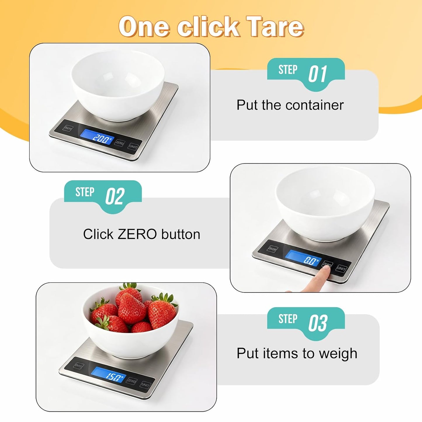 33lb Food Scale, Digital Kitchen Scale Batteries and USB Charging,1g/0.05oz Precise Graduation, Waterproof Stainless Steel with LCD Display Weight Grams and oz for Cooking Baking (Stainless Steel)