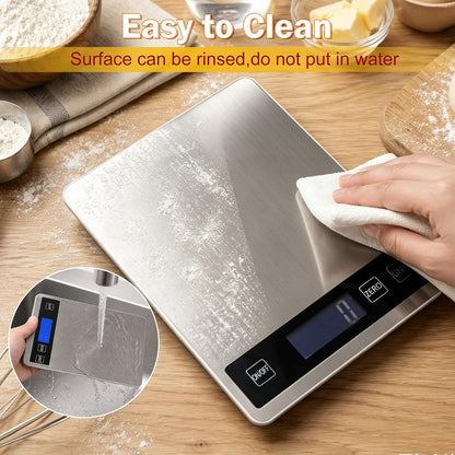 33lb Food Scale, Digital Kitchen Scale Batteries and USB Charging,1g/0.05oz Precise Graduation, Waterproof Stainless Steel with LCD Display Weight Grams and oz for Cooking Baking (Stainless Steel)