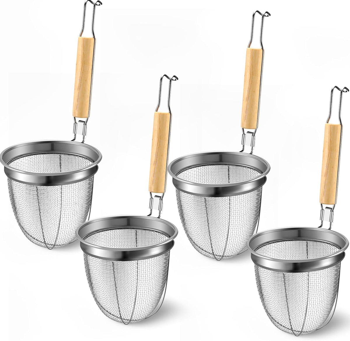 4 Pcs Pasta Strainer Basket 5.5"x5.5" Stainless Steel Noodle Strainer with Wood Handle Kitchen Round Base Mesh Spider Basket Skimmer Food for Pasta, Ramen, Dumplings, and Deep-fried Foods