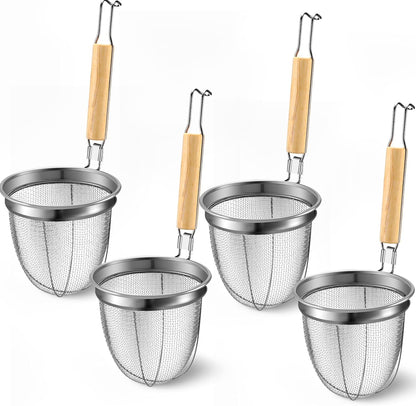 4 Pcs Pasta Strainer Basket 5.5"x5.5" Stainless Steel Noodle Strainer with Wood Handle Kitchen Round Base Mesh Spider Basket Skimmer Food for Pasta, Ramen, Dumplings, and Deep-fried Foods