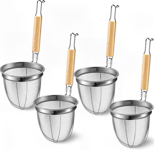 4 Pcs Pasta Strainer Basket 5.5"x5.5" Stainless Steel Noodle Strainer with Wood Handle Kitchen Round Base Mesh Spider Basket Skimmer Food for Pasta, Ramen, Dumplings, and Deep-fried Foods