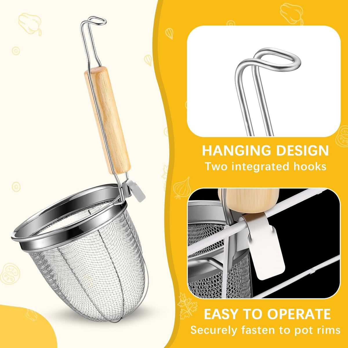 4 Pcs Pasta Strainer Basket 5.5"x5.5" Stainless Steel Noodle Strainer with Wood Handle Kitchen Round Base Mesh Spider Basket Skimmer Food for Pasta, Ramen, Dumplings, and Deep-fried Foods