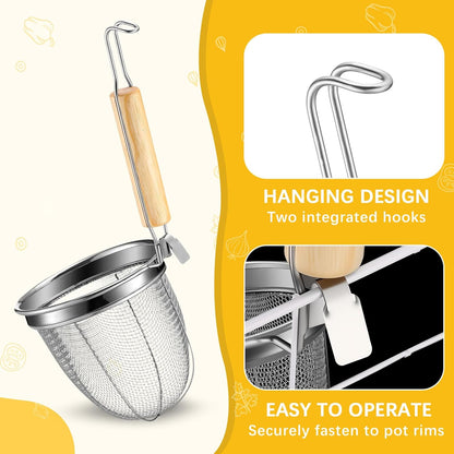 4 Pcs Pasta Strainer Basket 5.5"x5.5" Stainless Steel Noodle Strainer with Wood Handle Kitchen Round Base Mesh Spider Basket Skimmer Food for Pasta, Ramen, Dumplings, and Deep-fried Foods