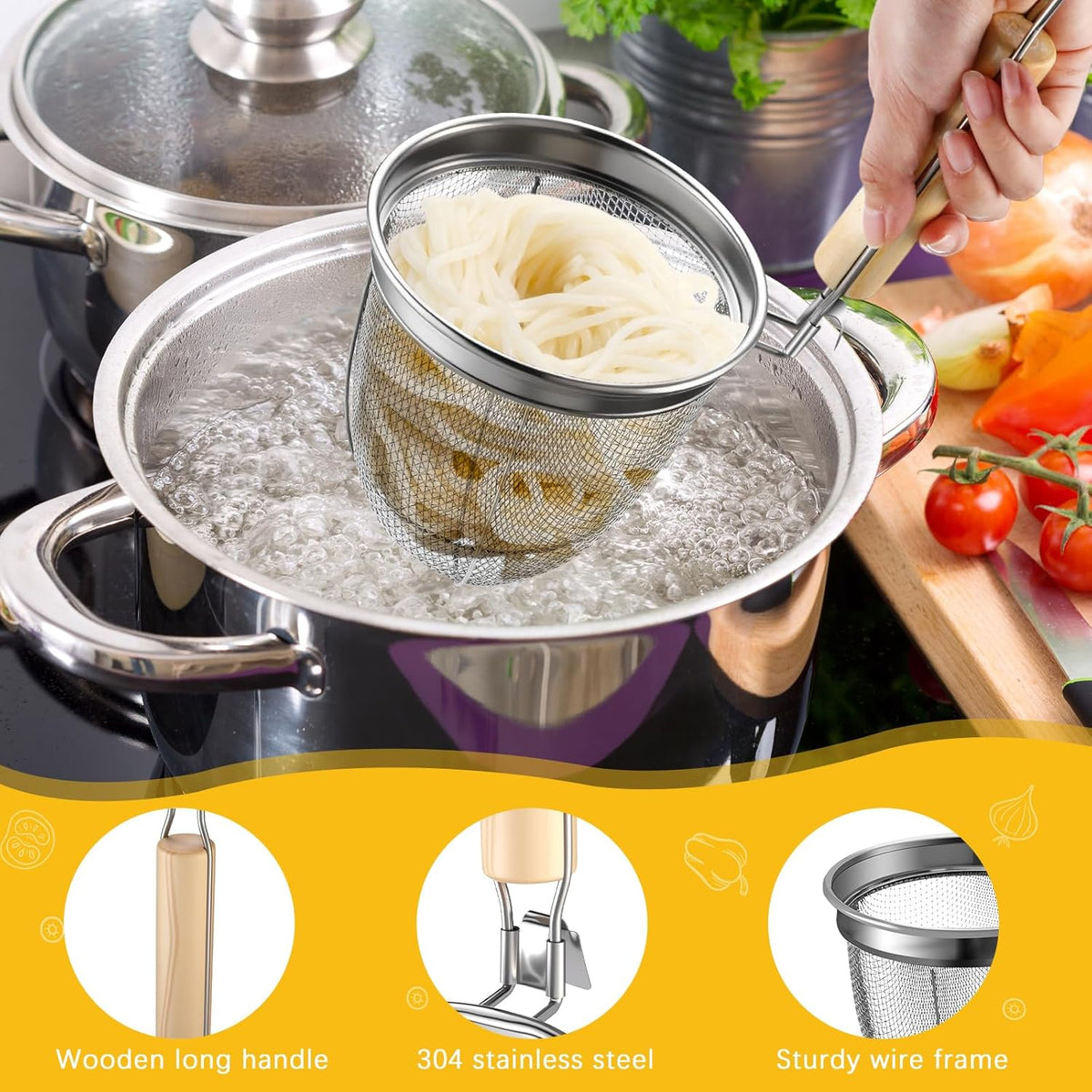 4 Pcs Pasta Strainer Basket 5.5"x5.5" Stainless Steel Noodle Strainer with Wood Handle Kitchen Round Base Mesh Spider Basket Skimmer Food for Pasta, Ramen, Dumplings, and Deep-fried Foods