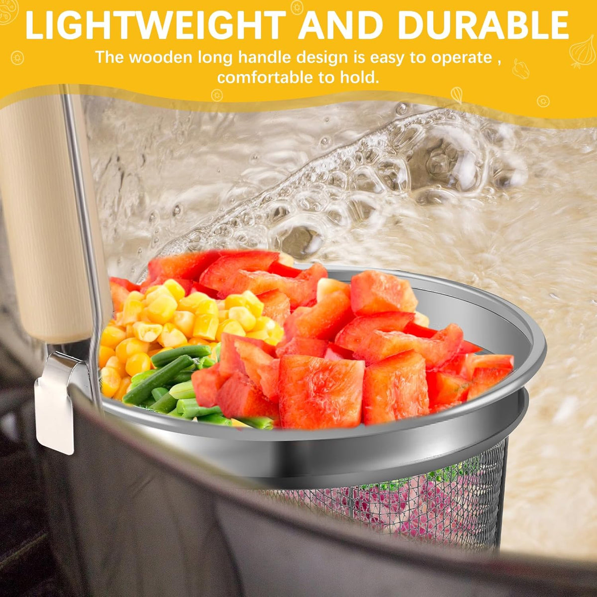 4 Pcs Pasta Strainer Basket 5.5"x5.5" Stainless Steel Noodle Strainer with Wood Handle Kitchen Round Base Mesh Spider Basket Skimmer Food for Pasta, Ramen, Dumplings, and Deep-fried Foods