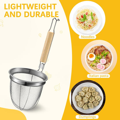 4 Pcs Pasta Strainer Basket 5.5"x5.5" Stainless Steel Noodle Strainer with Wood Handle Kitchen Round Base Mesh Spider Basket Skimmer Food for Pasta, Ramen, Dumplings, and Deep-fried Foods
