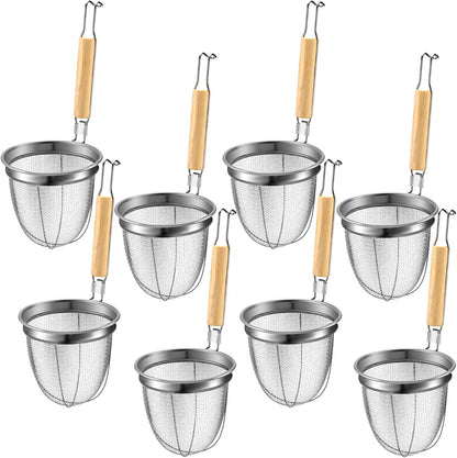 4 Pcs Pasta Strainer Basket 5.5"x5.5" Stainless Steel Noodle Strainer with Wood Handle Kitchen Round Base Mesh Spider Basket Skimmer Food for Pasta, Ramen, Dumplings, and Deep-fried Foods