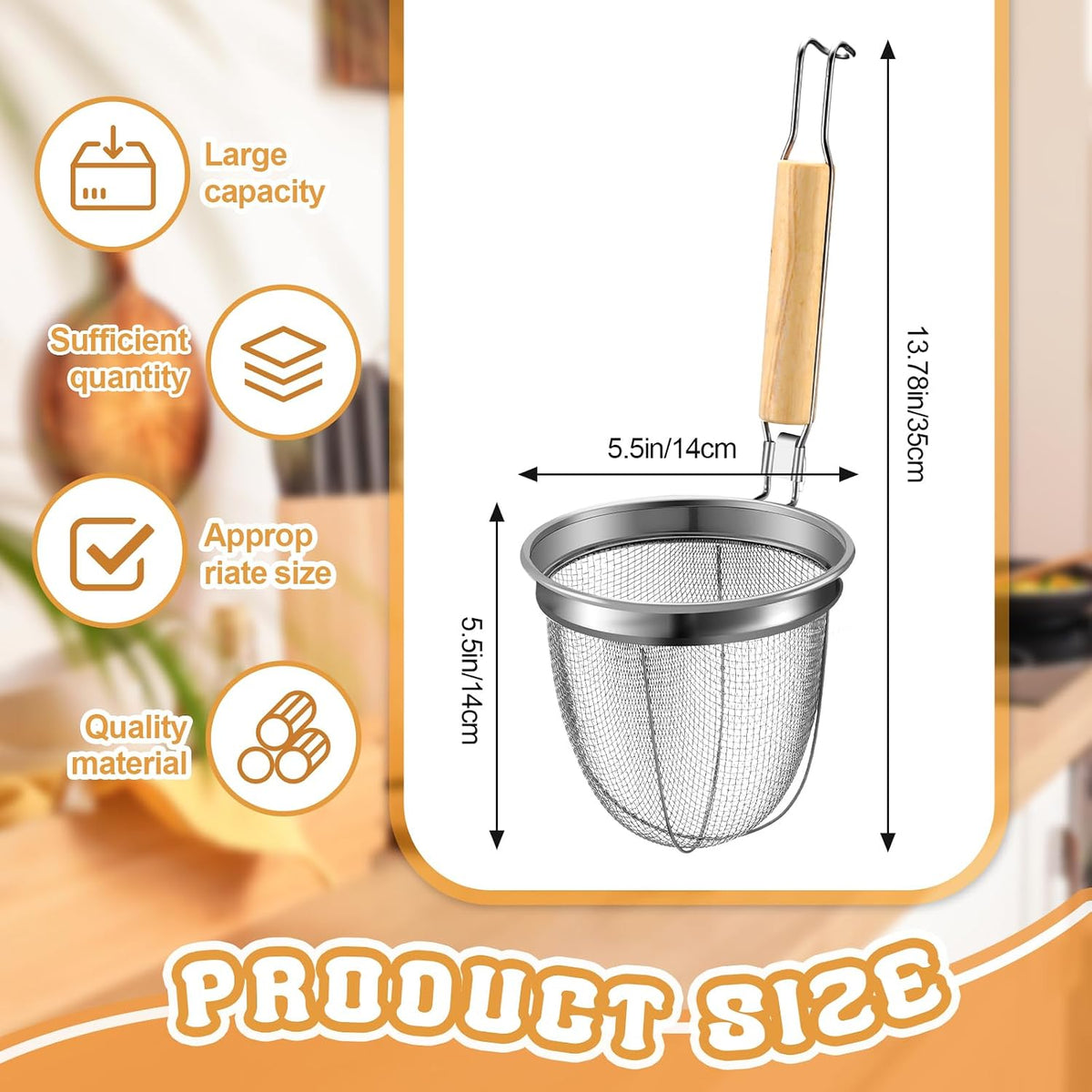 4 Pcs Pasta Strainer Basket 5.5"x5.5" Stainless Steel Noodle Strainer with Wood Handle Kitchen Round Base Mesh Spider Basket Skimmer Food for Pasta, Ramen, Dumplings, and Deep-fried Foods