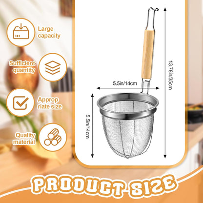 4 Pcs Pasta Strainer Basket 5.5"x5.5" Stainless Steel Noodle Strainer with Wood Handle Kitchen Round Base Mesh Spider Basket Skimmer Food for Pasta, Ramen, Dumplings, and Deep-fried Foods