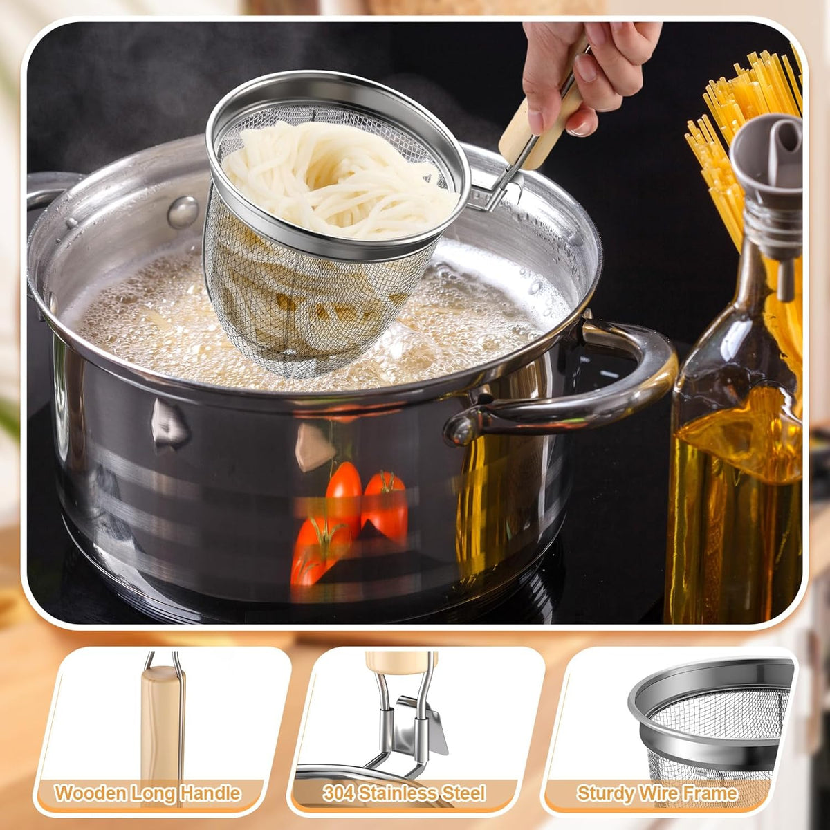 4 Pcs Pasta Strainer Basket 5.5"x5.5" Stainless Steel Noodle Strainer with Wood Handle Kitchen Round Base Mesh Spider Basket Skimmer Food for Pasta, Ramen, Dumplings, and Deep-fried Foods