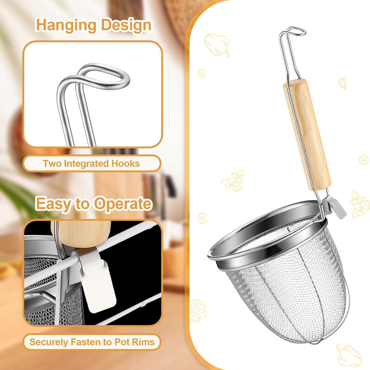 4 Pcs Pasta Strainer Basket 5.5"x5.5" Stainless Steel Noodle Strainer with Wood Handle Kitchen Round Base Mesh Spider Basket Skimmer Food for Pasta, Ramen, Dumplings, and Deep-fried Foods