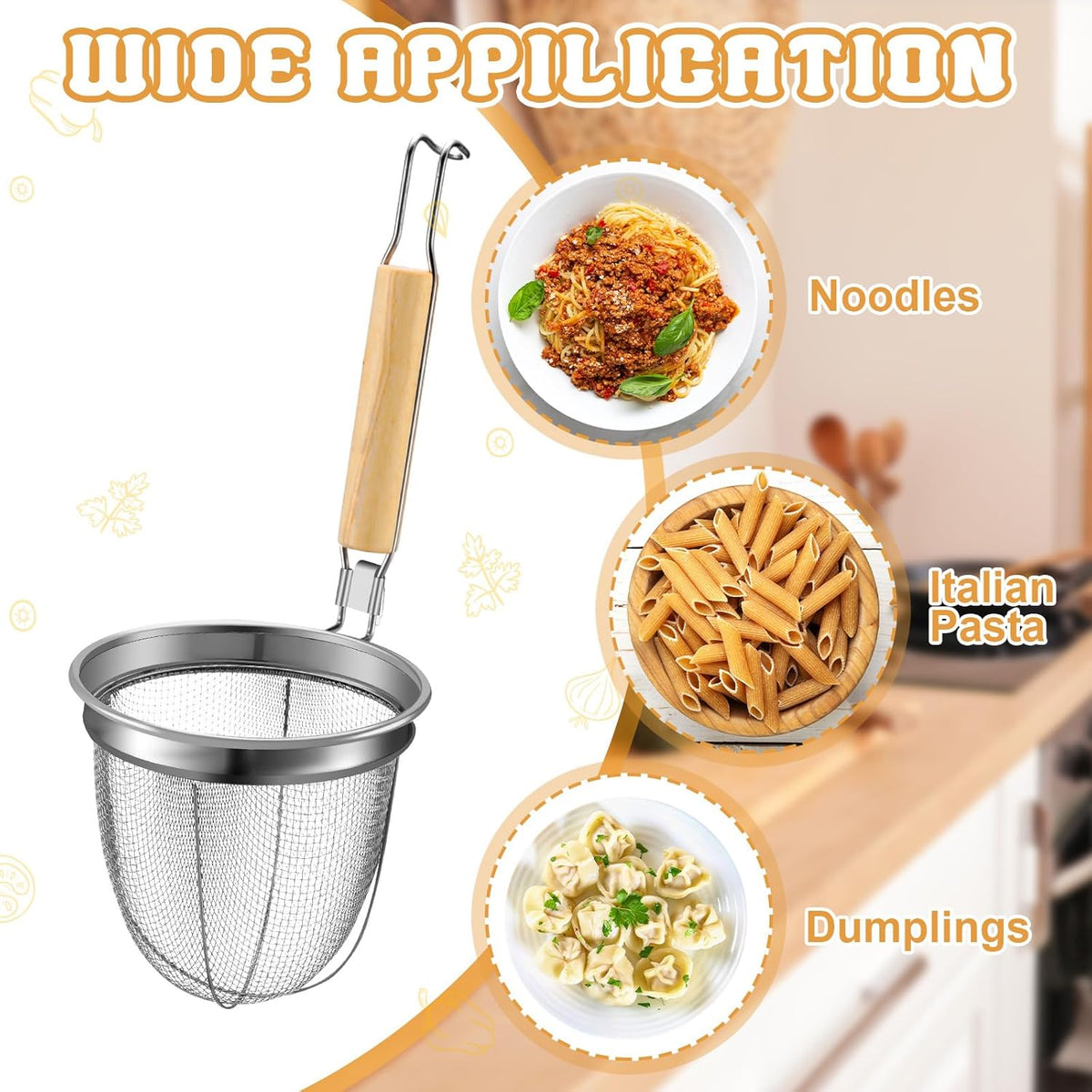4 Pcs Pasta Strainer Basket 5.5"x5.5" Stainless Steel Noodle Strainer with Wood Handle Kitchen Round Base Mesh Spider Basket Skimmer Food for Pasta, Ramen, Dumplings, and Deep-fried Foods