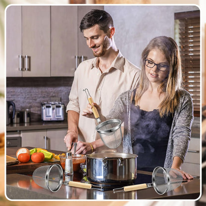4 Pcs Pasta Strainer Basket 5.5"x5.5" Stainless Steel Noodle Strainer with Wood Handle Kitchen Round Base Mesh Spider Basket Skimmer Food for Pasta, Ramen, Dumplings, and Deep-fried Foods