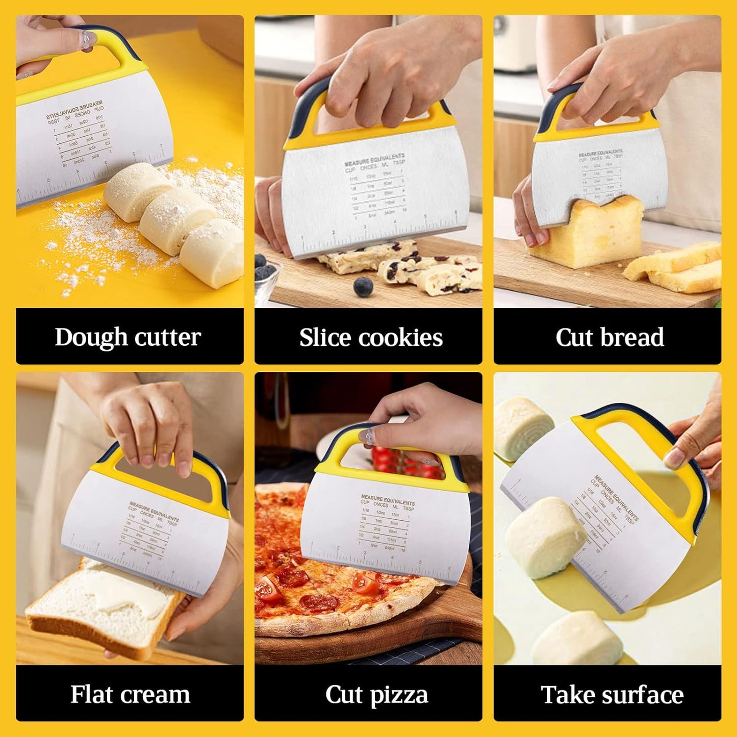 Dough Scraper Chopper 2 Pcs, Stainless Steel Dough Cutter With Grip, Plastic Bench Scraper with Measuring Scale, Multipurpose Pizza Cutter, Pastry, Food Scraper for Baking, Dough, Bread, Cake