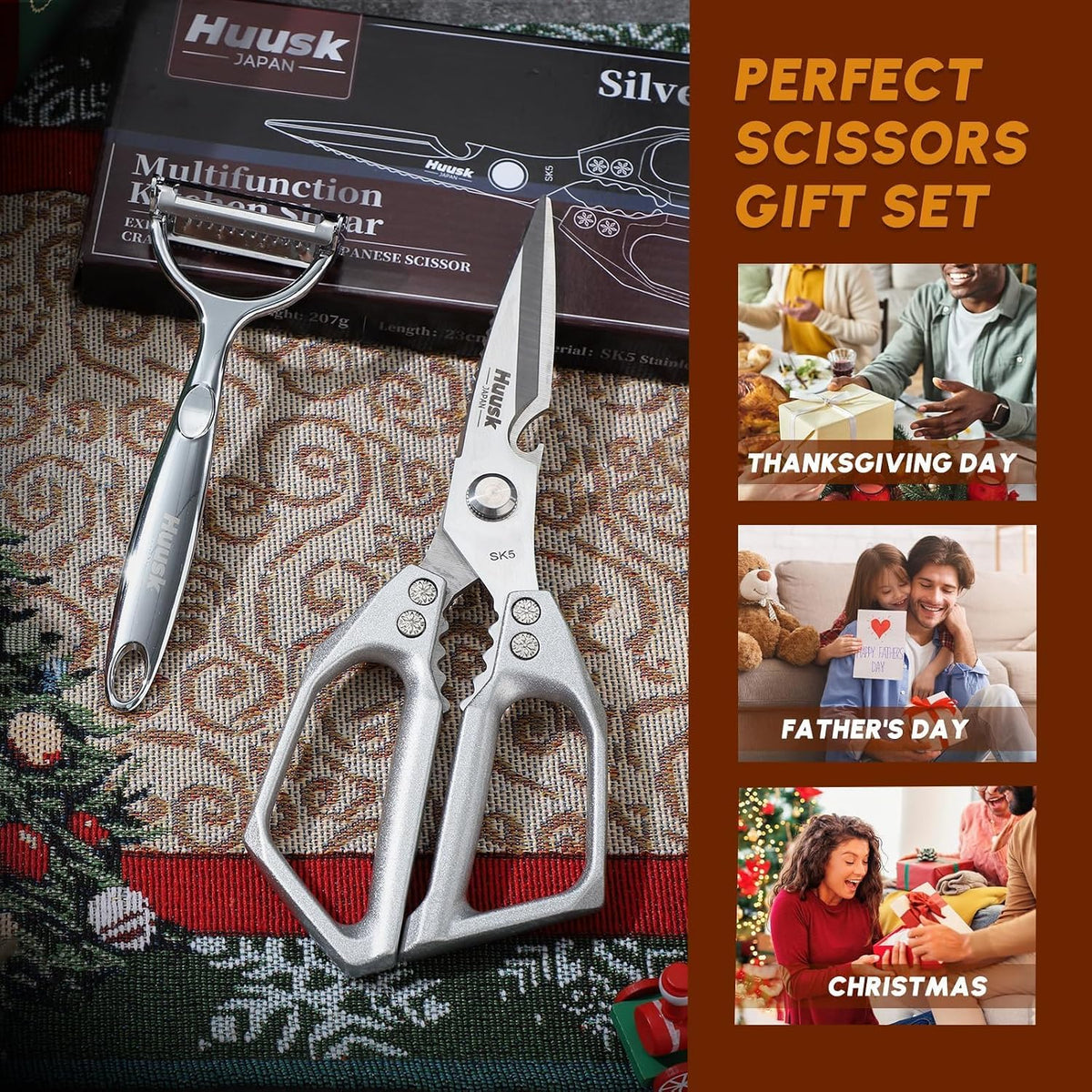 HUUSK Kitchen Scissors for Food, Multifunction Sharp Red Kitchen Shears