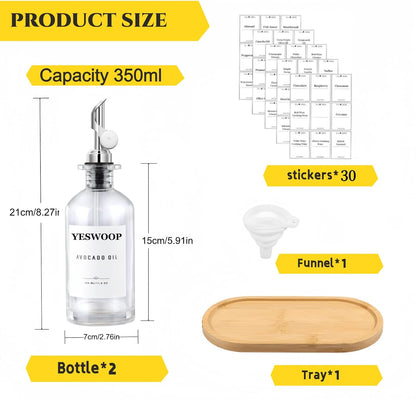 Olive Oil Dispenser,11.8oz Oil Bottle with Bamboo Tray | Set of 2 | Set of 2, Bamboo Tray Included, Labels Included, With Pourer, Oil & Soy Sauce Cruet Set