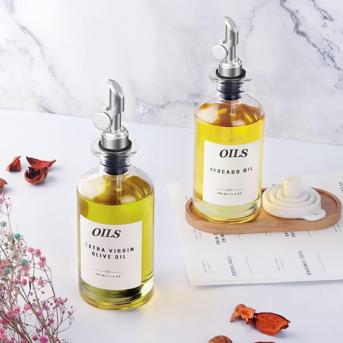 Olive Oil Dispenser,11.8oz Oil Bottle with Bamboo Tray | Set of 2 | Set of 2, Bamboo Tray Included, Labels Included, With Pourer, Oil & Soy Sauce Cruet Set