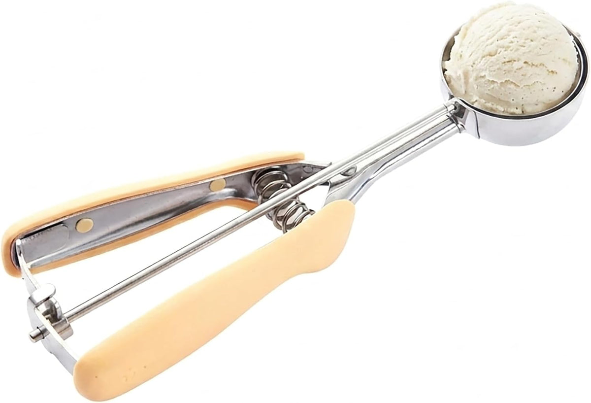 Comfy Grip 2 Ounce Ice Cream Scooper 1 Spring-Loaded Melon Ball Scoop - #20 Built-In Blade Yellow Stainless Steel Cookie Baller Dishwasher-Safe Heavy-Duty