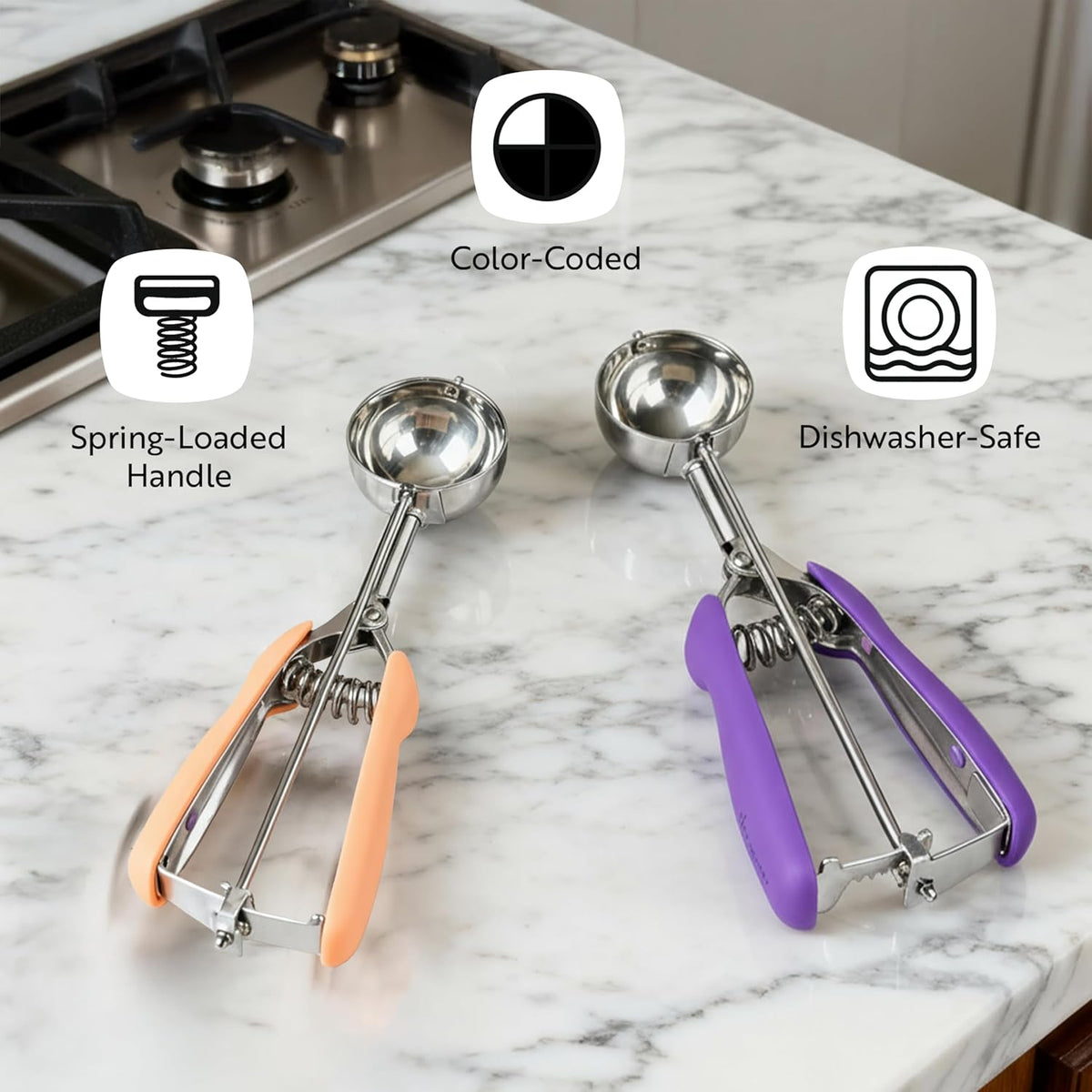 Comfy Grip 2 Ounce Ice Cream Scooper 1 Spring-Loaded Melon Ball Scoop - #20 Built-In Blade Yellow Stainless Steel Cookie Baller Dishwasher-Safe Heavy-Duty