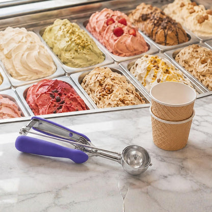 Comfy Grip 2 Ounce Ice Cream Scooper 1 Spring-Loaded Melon Ball Scoop - #20 Built-In Blade Yellow Stainless Steel Cookie Baller Dishwasher-Safe Heavy-Duty