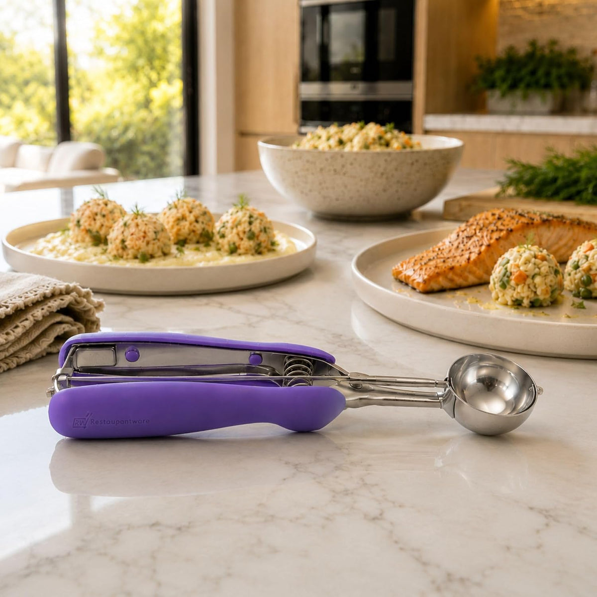 Comfy Grip 2 Ounce Ice Cream Scooper 1 Spring-Loaded Melon Ball Scoop - #20 Built-In Blade Yellow Stainless Steel Cookie Baller Dishwasher-Safe Heavy-Duty