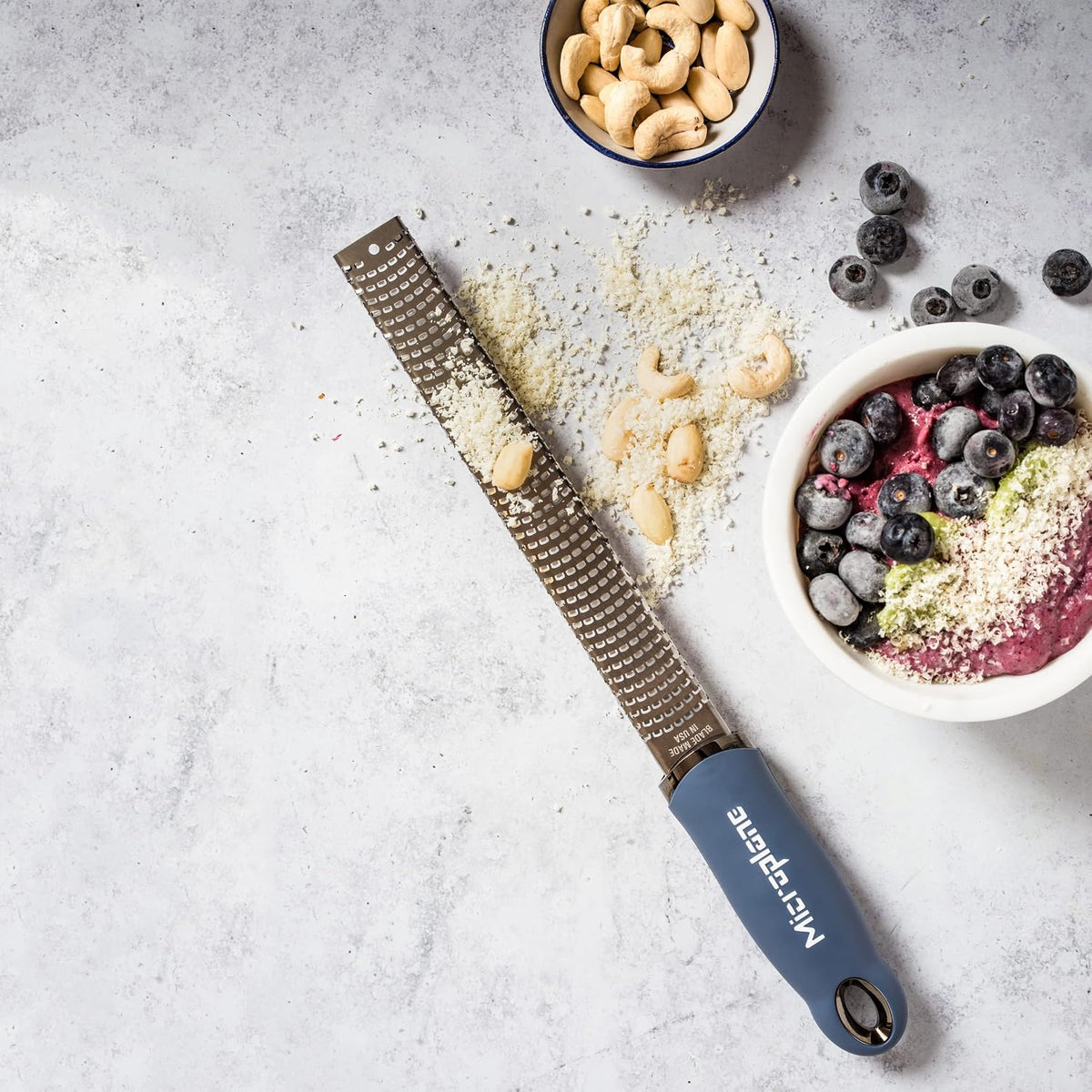 Premium Zester Grater in Denim Blue | Lemon Zester tool, Hard Cheese & Vegetable Grater | For Citrus, Parmesan Cheese, Garlic, Ginger, Nutmeg | Fine Stainless Steel Blade, Made in USA