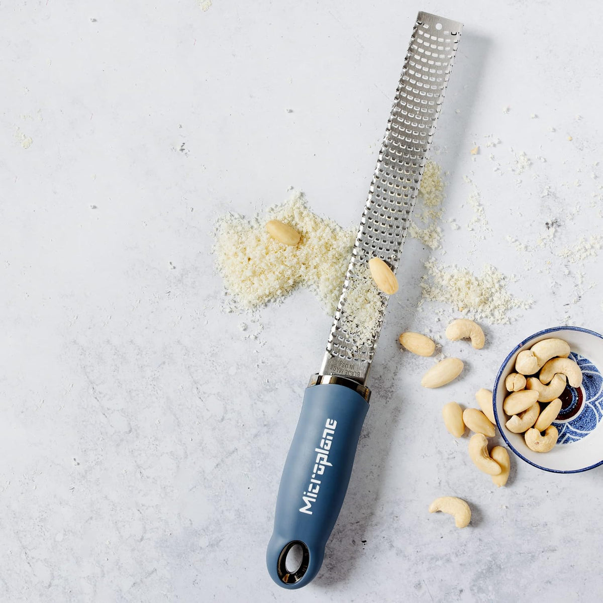 Premium Zester Grater in Denim Blue | Lemon Zester tool, Hard Cheese & Vegetable Grater | For Citrus, Parmesan Cheese, Garlic, Ginger, Nutmeg | Fine Stainless Steel Blade, Made in USA
