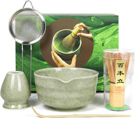 Matcha Whisk Set - Premium Complete Ceremonial Grade Matcha Set with Bamboo Whisk, Matcha Bowl with Spout, Scoop, Sifter & Holder - Authentic Japanese Tea Kit for Traditional Tea Preparation