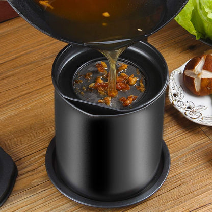 Bacon Grease Container with Fine Mesh Strainer, 1.3 L almost 6 Full Cups Iron Cooking Oil Can with Removable a Coaster Tray for Kitchen Fat Storage Black