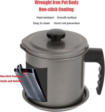 Bacon Grease Container with Fine Mesh Strainer, 1.3 L almost 6 Full Cups Iron Cooking Oil Can with Removable a Coaster Tray for Kitchen Fat Storage Black