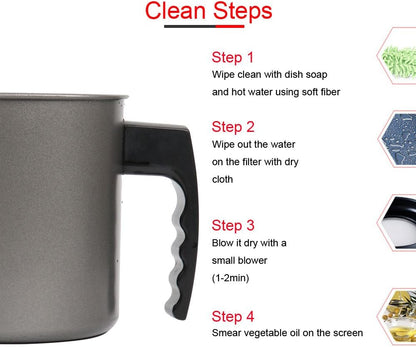 Bacon Grease Container with Fine Mesh Strainer, 1.3 L almost 6 Full Cups Iron Cooking Oil Can with Removable a Coaster Tray for Kitchen Fat Storage Black