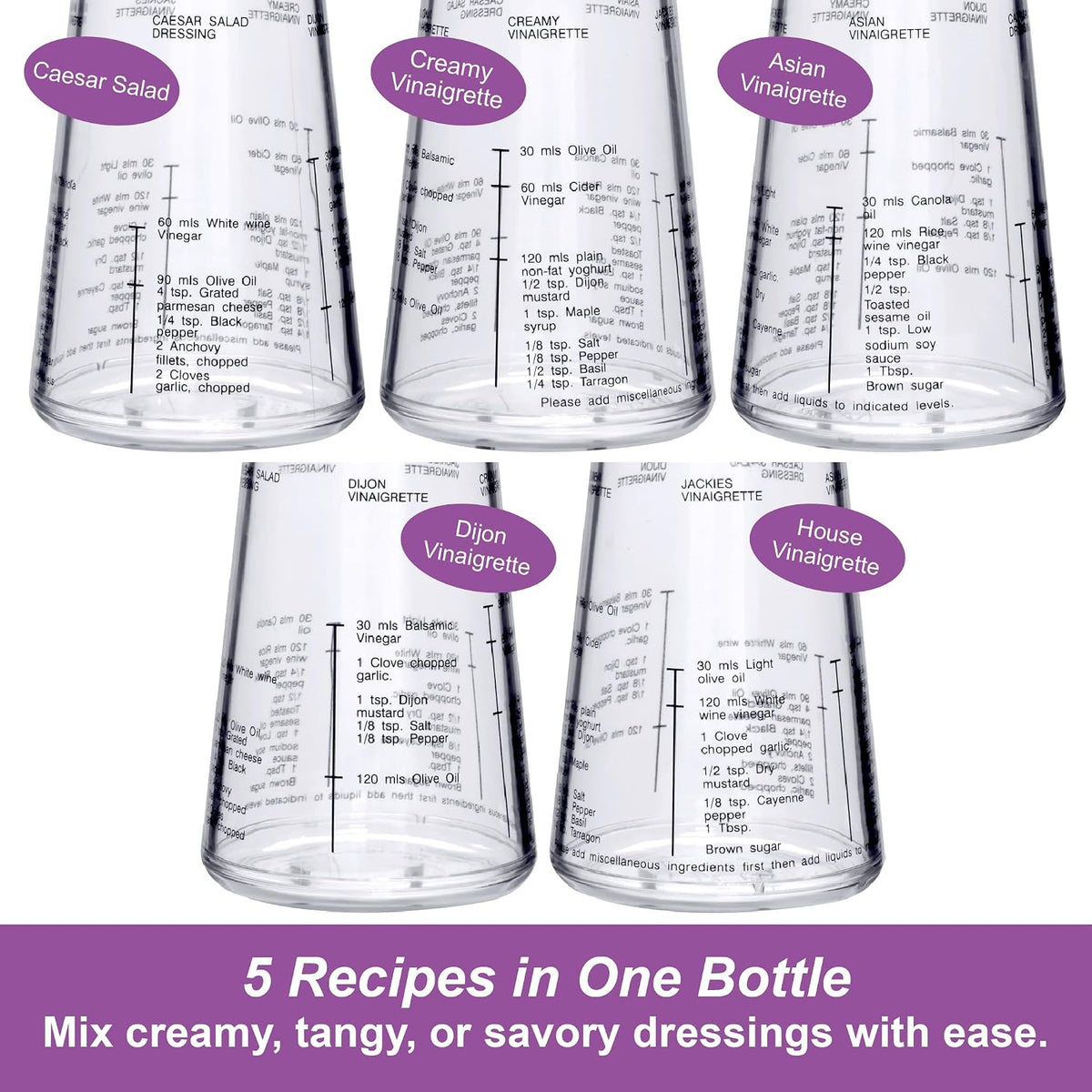 Acrylic Salad Dressing Mixer with Stirring Blade and Built-In Recipe (12 oz), Plastic Vinaigrette Shaker Bottle, BPA-Free, Dishwasher-Safe, Easy to Measure, Mix, Serve, and Store