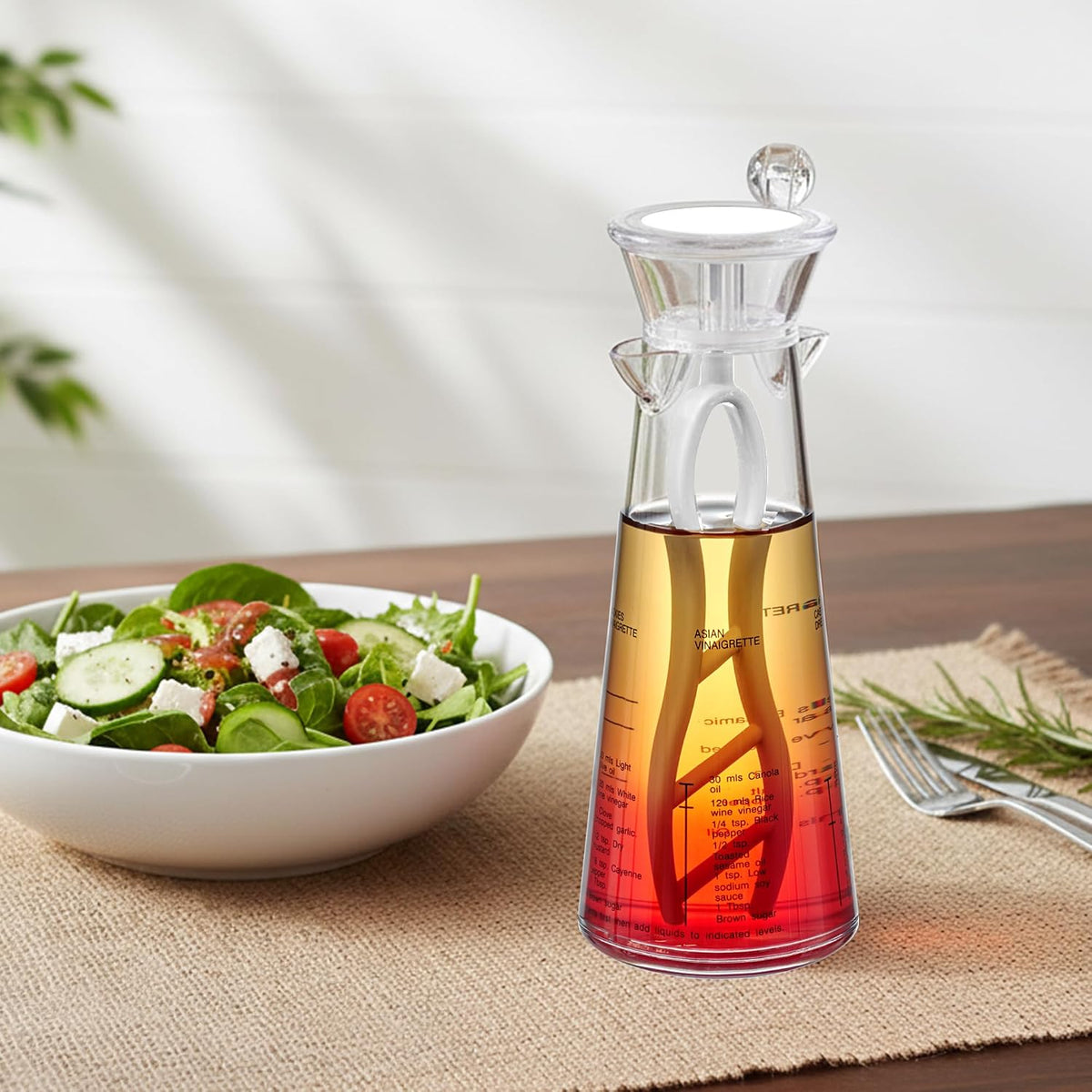 Acrylic Salad Dressing Mixer with Stirring Blade and Built-In Recipe (12 oz), Plastic Vinaigrette Shaker Bottle, BPA-Free, Dishwasher-Safe, Easy to Measure, Mix, Serve, and Store