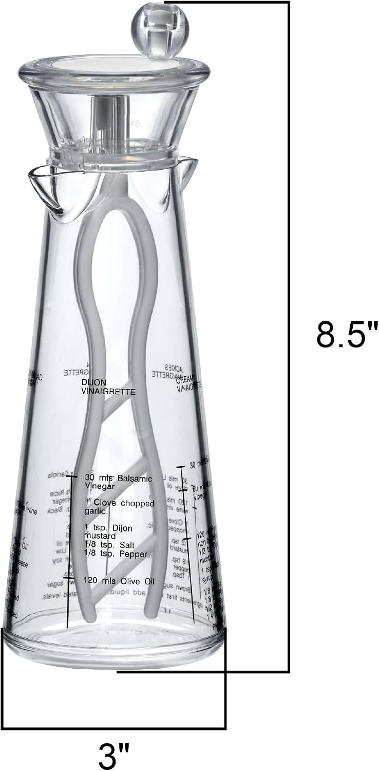 Acrylic Salad Dressing Mixer with Stirring Blade and Built-In Recipe (12 oz), Plastic Vinaigrette Shaker Bottle, BPA-Free, Dishwasher-Safe, Easy to Measure, Mix, Serve, and Store