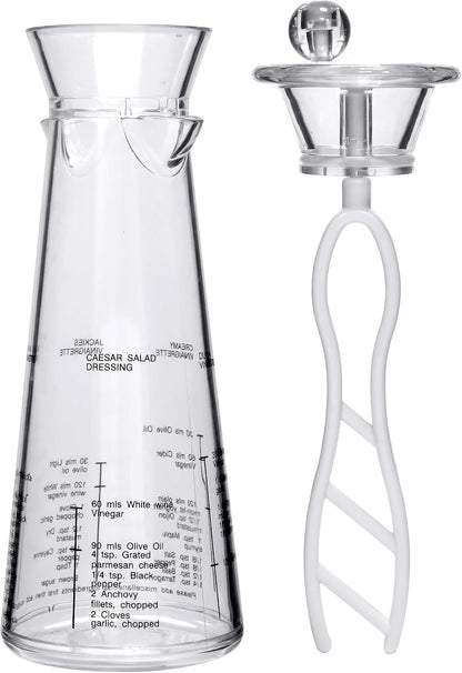 Acrylic Salad Dressing Mixer with Stirring Blade and Built-In Recipe (12 oz), Plastic Vinaigrette Shaker Bottle, BPA-Free, Dishwasher-Safe, Easy to Measure, Mix, Serve, and Store