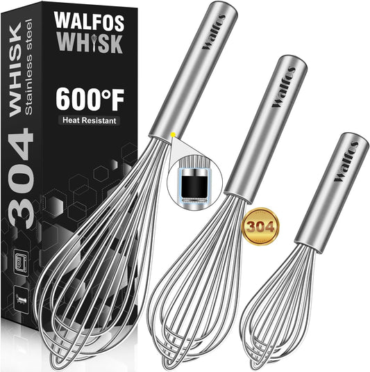 Whisk,304 Stainless Steel whisk,No-Rust 7+9+11inch Whisks for cooking Nice for Blending,Whisking,Beating.Heat resistant 600°F Dishwasher Safe. Heavy duty kitchen whisk.SILVER