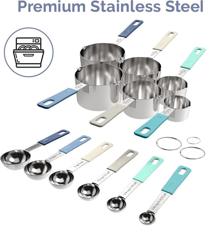 22-Piece Stainless Steel Measuring Cups and Spoons Set, Tad Dash Pinch Smidgen Drop Mini Measuring Spoons, Measuring Stick Leveler, Measurement Conversion Chart Fridge Magnet, (Farmhouse)