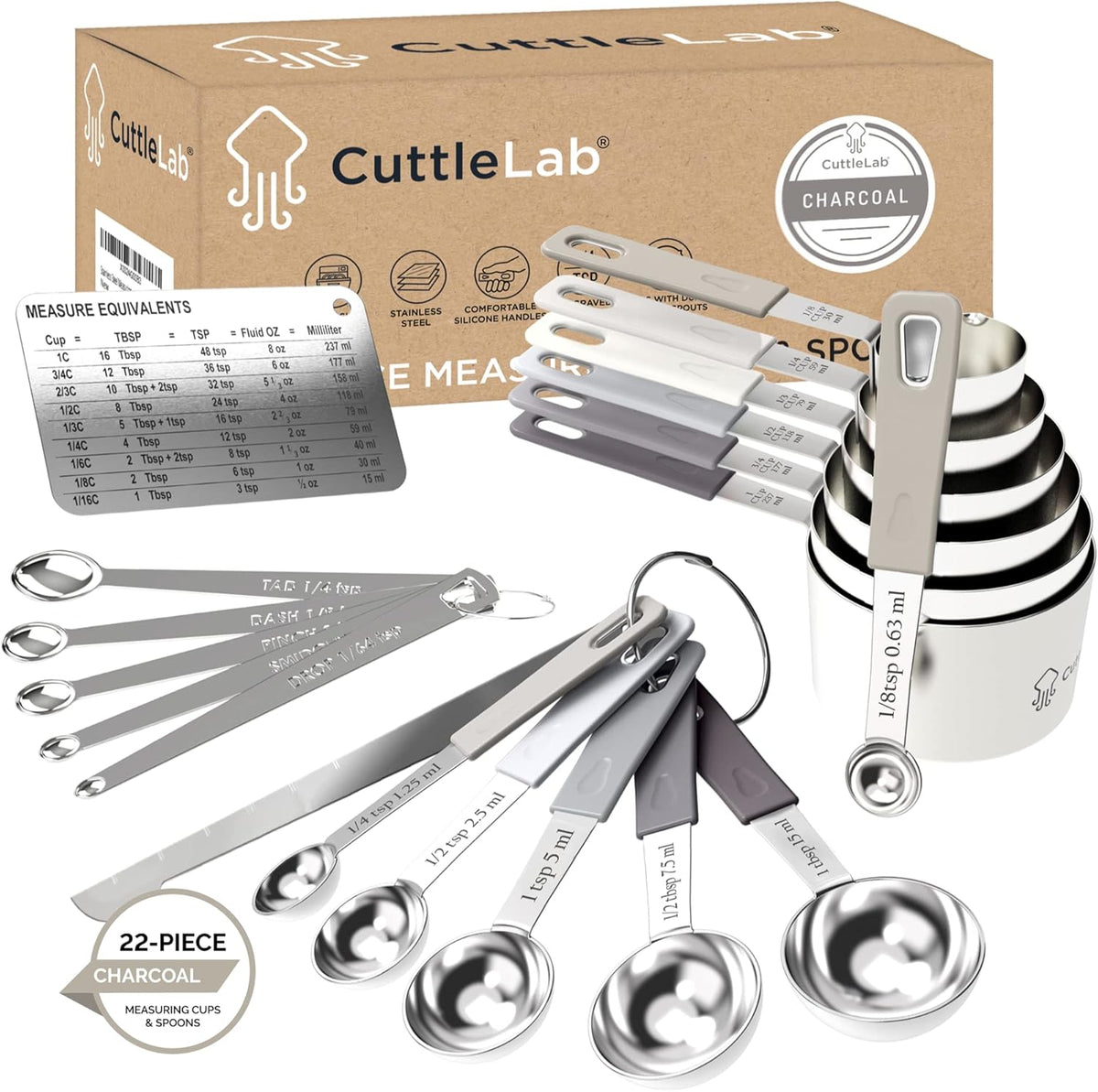 22-Piece Stainless Steel Measuring Cups and Spoons Set, Tad Dash Pinch Smidgen Drop Mini Measuring Spoons, Measuring Stick Leveler, Measurement Conversion Chart Fridge Magnet, (Farmhouse)