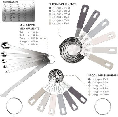 22-Piece Stainless Steel Measuring Cups and Spoons Set, Tad Dash Pinch Smidgen Drop Mini Measuring Spoons, Measuring Stick Leveler, Measurement Conversion Chart Fridge Magnet, (Farmhouse)