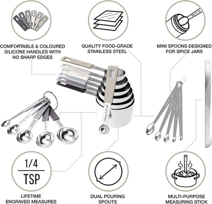 22-Piece Stainless Steel Measuring Cups and Spoons Set, Tad Dash Pinch Smidgen Drop Mini Measuring Spoons, Measuring Stick Leveler, Measurement Conversion Chart Fridge Magnet, (Farmhouse)