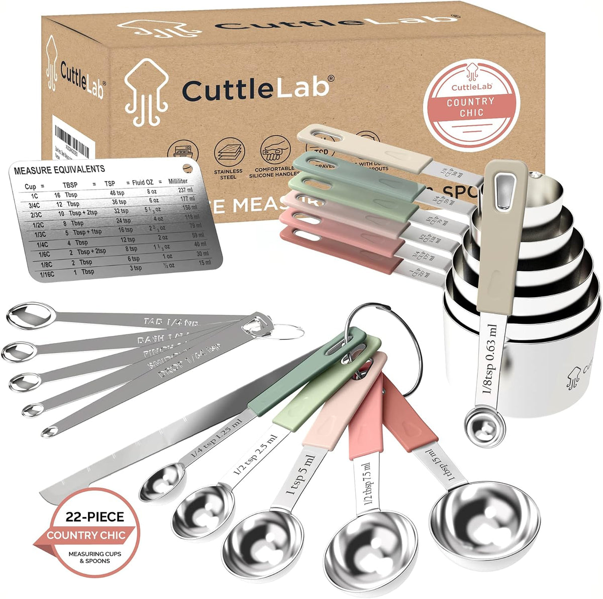 22-Piece Stainless Steel Measuring Cups and Spoons Set, Tad Dash Pinch Smidgen Drop Mini Measuring Spoons, Measuring Stick Leveler, Measurement Conversion Chart Fridge Magnet, (Farmhouse)