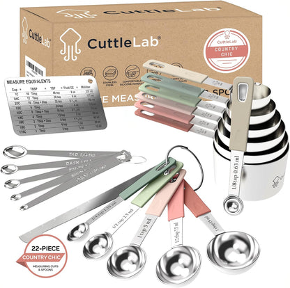 22-Piece Stainless Steel Measuring Cups and Spoons Set, Tad Dash Pinch Smidgen Drop Mini Measuring Spoons, Measuring Stick Leveler, Measurement Conversion Chart Fridge Magnet, (Farmhouse)