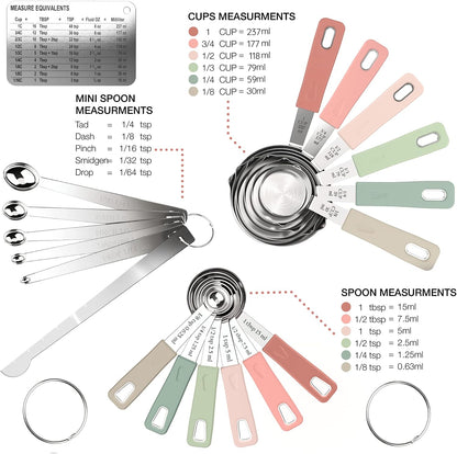 22-Piece Stainless Steel Measuring Cups and Spoons Set, Tad Dash Pinch Smidgen Drop Mini Measuring Spoons, Measuring Stick Leveler, Measurement Conversion Chart Fridge Magnet, (Farmhouse)