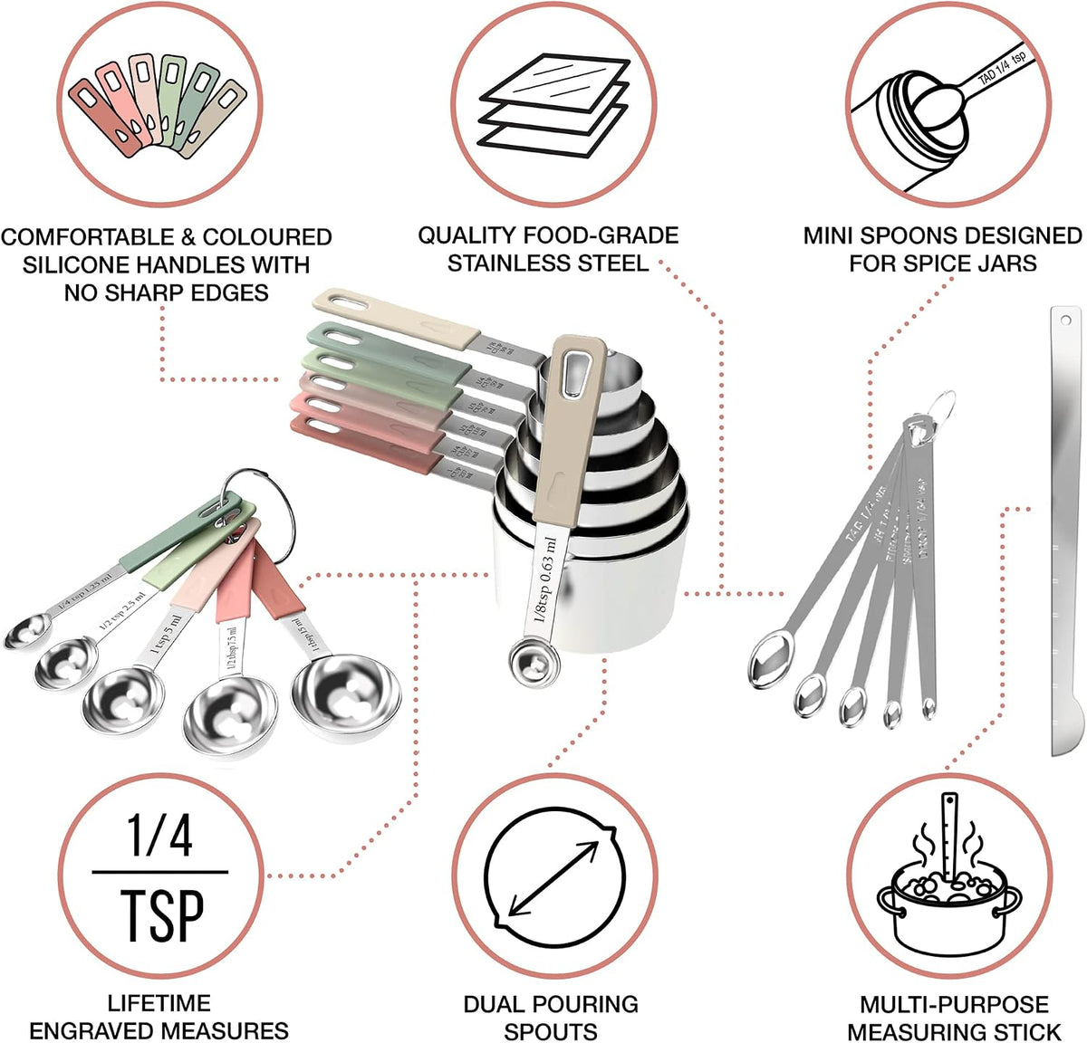 22-Piece Stainless Steel Measuring Cups and Spoons Set, Tad Dash Pinch Smidgen Drop Mini Measuring Spoons, Measuring Stick Leveler, Measurement Conversion Chart Fridge Magnet, (Farmhouse)