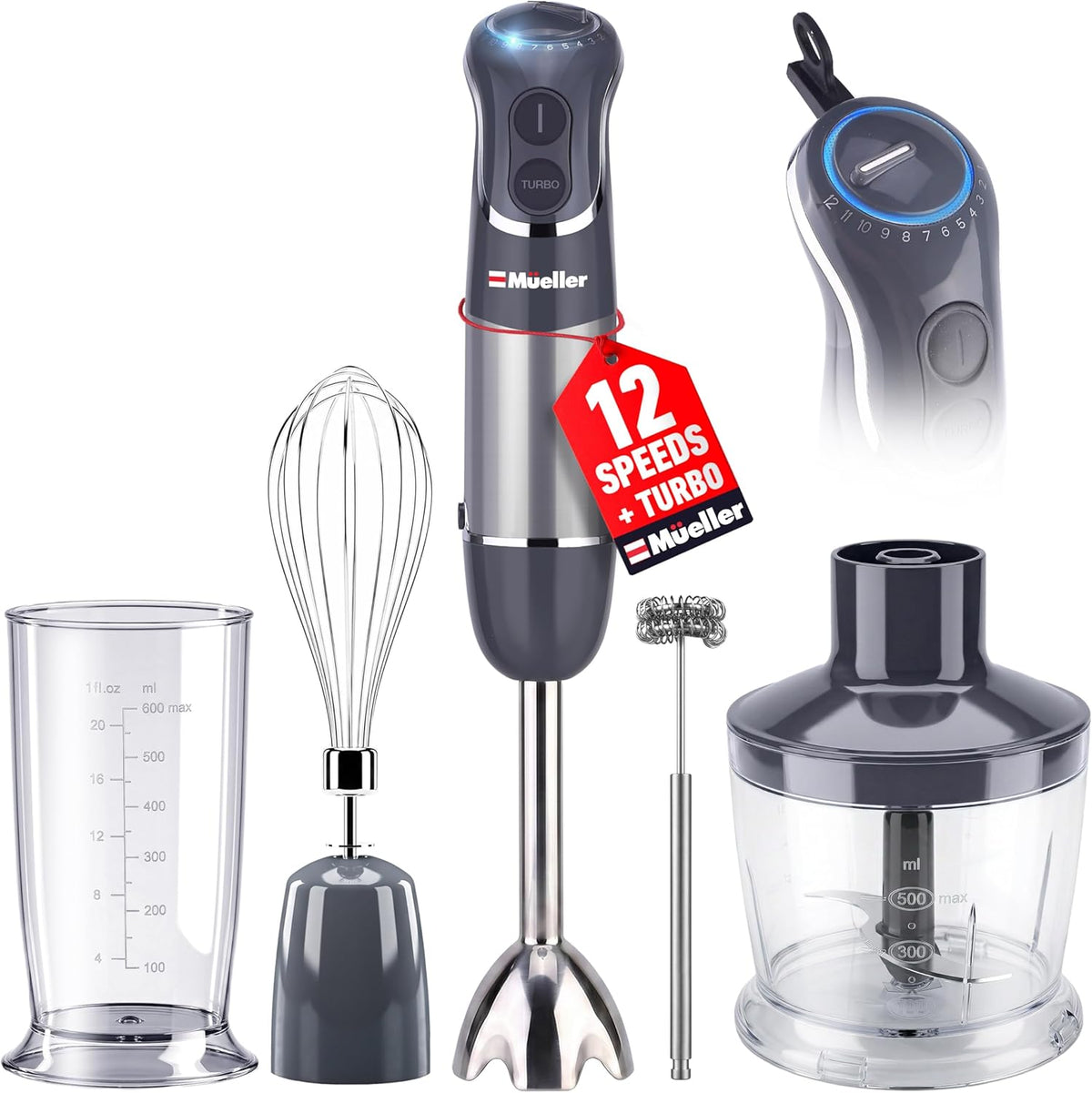 Multistick 5-in-1 Immersion Blender Handheld, 12-Speed Hand Mixer | Turbo Boost,Heaviest Duty Copper Motor,Titanium reinforced Blades Hand Blender,Milk Frother Wand,Whisk,Beaker,Chopper,Grey