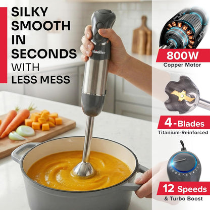 Multistick 5-in-1 Immersion Blender Handheld, 12-Speed Hand Mixer | Turbo Boost,Heaviest Duty Copper Motor,Titanium reinforced Blades Hand Blender,Milk Frother Wand,Whisk,Beaker,Chopper,Grey