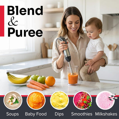 Multistick 5-in-1 Immersion Blender Handheld, 12-Speed Hand Mixer | Turbo Boost,Heaviest Duty Copper Motor,Titanium reinforced Blades Hand Blender,Milk Frother Wand,Whisk,Beaker,Chopper,Grey