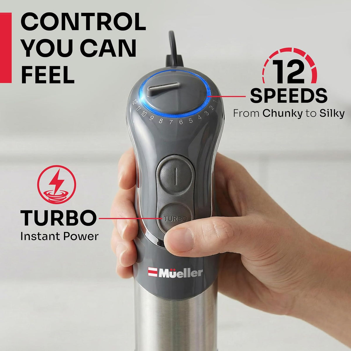 Multistick 5-in-1 Immersion Blender Handheld, 12-Speed Hand Mixer | Turbo Boost,Heaviest Duty Copper Motor,Titanium reinforced Blades Hand Blender,Milk Frother Wand,Whisk,Beaker,Chopper,Grey