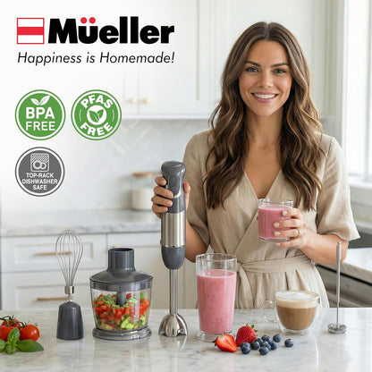 Multistick 5-in-1 Immersion Blender Handheld, 12-Speed Hand Mixer | Turbo Boost,Heaviest Duty Copper Motor,Titanium reinforced Blades Hand Blender,Milk Frother Wand,Whisk,Beaker,Chopper,Grey